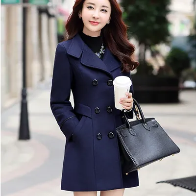 Женское двубортное пальто, приталенное шерстяное пальто темно-синего цвета,  верхняя одежда в Корейском стиле, весна-осень 2023 | AliExpress