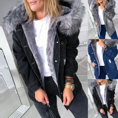 Зимняя женская джинсовая куртка парка оверсайз с мехом - Karia.shop