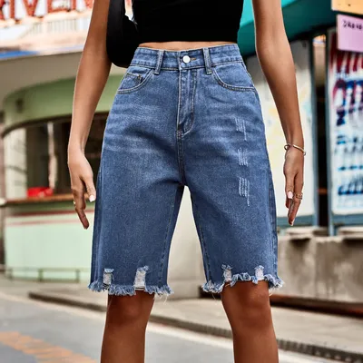 Женские джинсовые шорты с высокой талией, рваные джинсовые шорты, уличные джинсовые  шорты с перфорацией и меховой бахромой, лето 2023 | AliExpress