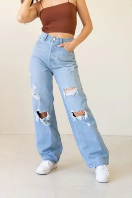 Light Blue Versatile Straight Jeans Loose Fit Slash Pockets - Temu