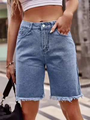 Blue Hem Bermuda Denim Shorts Slash Pockets Straight - Temu