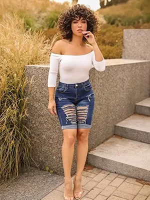 Ripped Roll Hem Knee Length Denim Shorts High Stretch - Temu