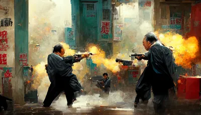 Prompthunt: Джон Ву, сцена действия с пулями и оружием, Гонконг