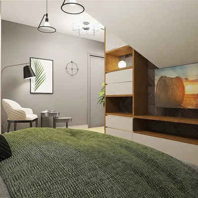Дизайн спальни на мансарде в зелёных тонах. — Елена Степанова на TenChat.ru
