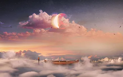 Обои на рабочий стол Мужчина стоит рядом с лодкой, пришвартованной в  облаках, на фоне птиц, летающих в небе, обои для рабочего стола, скачать  обои, обои бесплатно