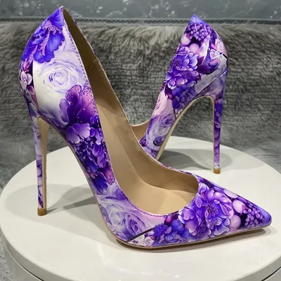 12cm heel Purple Flower Print Women Glossy Patent Pointy High Heel Shoes  Chic Floral Stiletto Pumps Large Size 43 44 45