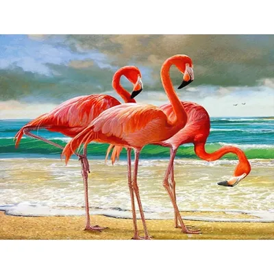 3 розовых фламинго на пляже, ярко…» — создано в Шедевруме