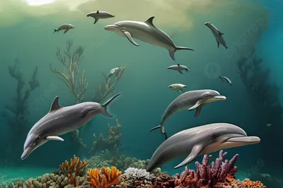 Дельфины плавают под водой. ярко-…» — создано в Шедевруме