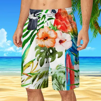 Белые цветы на темно-синем цветочном пляже Печать мужские пляжные гавайские  шорты | kayzers