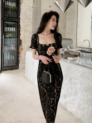 Сексуальное черное кружевное платье для женщин 2023 элегантное платье  средней длины с коротким рукавом женское платье Vestidos Para Mujer |  AliExpress