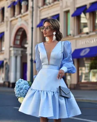 Купить легкое Платье с запахом из шифона миди с прозрачным рукавом (Голубое)  в Хабаровске в ШоуРуме платьев по выгодной цене