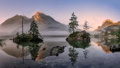 Фото Бавария Альпы Германия Туман Горы Природа Утро Озеро