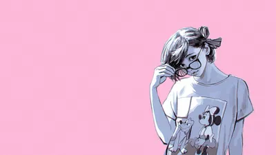 Обои на рабочий стол Девушка в очках на розовом фоне, художник Илья  Кувшинов, обои для рабочего стола, скачать обои, обои бесплатно