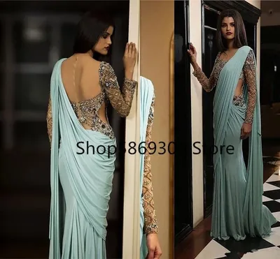 Плиссированные индийские вечерние официальные платья Saree с длинным  рукавом, 2022 мятно-зеленый шифоновый блестящий кристалл, мусульманское  платье для выпускного вечера | AliExpress