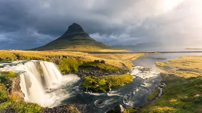 Картинки Исландия Kirkjufell гора Природа Водопады река