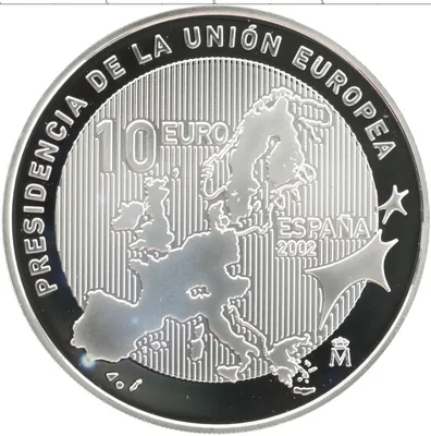 Купить монету 10 евро Испания 2002 Председательство Испании в Евросоюзе  цена 3514 руб. Серебро PL73-05
