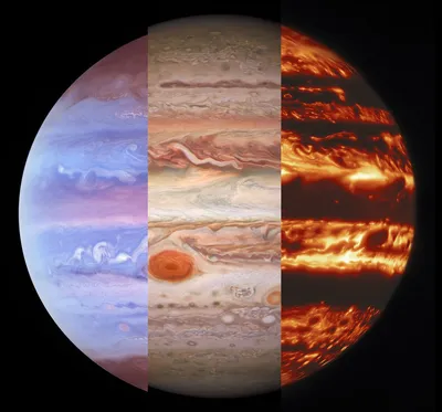 Посмотрите на тройной портрет Юпитера: в ультрафиолете, инфракрасном и  видимом свете