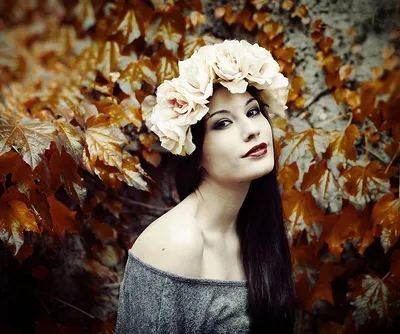 Обои на рабочий стол Темноволосая девушка с венком на голове из белых роз,  стоящая у куста с осенними листьями, автор Диляна Георгова, обои для  рабочего стола, скачать обои, обои бесплатно