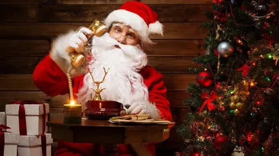 Обои на рабочий стол Дед Мороз с телефонной трубкой в руке сидит в комнате  с елкой, обои для рабочего стола, скачать обои, обои бесплатно