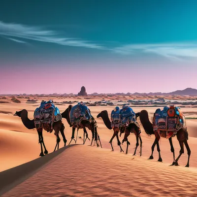 Караван верблюдов в пустыне, оазис …» — создано в Шедевруме
