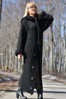 Hand knit long chunky wool blend hooded cardigan in black/CA47