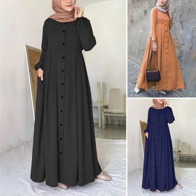 Купить Женское мусульманское платье-хиджаб в Дубае с длинными рукавами и  пуговицами Сарафан Исламская одежда | Joom