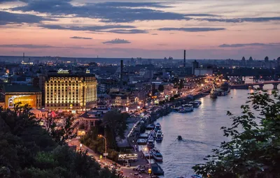 Обои закат, огни, Украина, набережная, Киев, вечерний картинки на рабочий  стол, раздел город - скачать