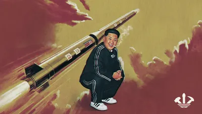 Адидас, но версия советской КПСС — подвиг. очень счастливый Ким Чен Ын сидит на корточках и курит сигарету перед северокорейской ракетой [3840 × 2160] : r/wallpapers