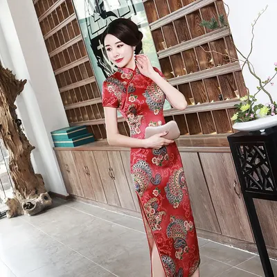 Китайские платья SHENG COCO, шелковое платье Ципао с красными цветами, китайское  платье Ципао, Длинные вечерние современные китайские платья, летнее платье  Qi | AliExpress