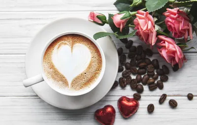 Обои сердце, кофе, розы, букет, конфеты, чашка, кофейные зерна, шоколадные,  Olena Rudo картинки на рабочий стол, раздел настроения - скачать