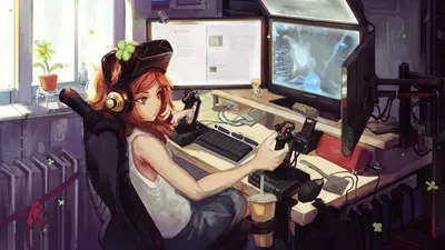 Компьютер картинка #397469 - Картинка аниме, девушка, компьютер, мониторы,  джойстики, сидит, играет 1280x720 скачать обои на рабочий стол бесплатно,  фото 250157 - скачать