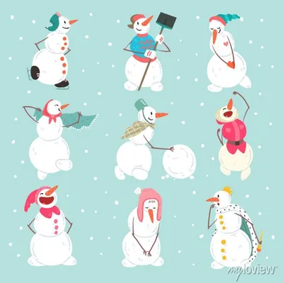 Смешные персонажи снеговики, установленные в различных ситуациях, плакаты  на стену • плакаты мантия, корона, король | myloview.ru
