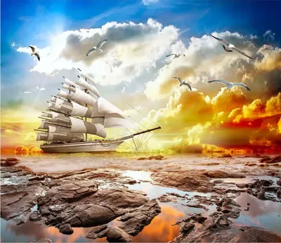 Фотообои Корабль на закате купить на Стену — Цены и 3D Фото интерьеров в  Каталоге интернет магазина allstick.ru
