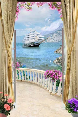 Фотообои Балкон с видом на корабль купить в Москве, Арт. 7-654 в  интернет-магазине, цены в Мастерфресок
