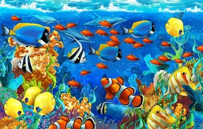 Обои море, рыбы, водоросли, кораллы, дельфины картинки на рабочий стол,  раздел живопись - скачать