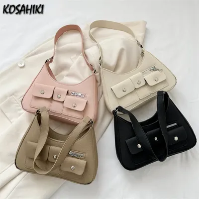 Модные новые винтажные повседневные сумки через плечо с карманами, корейские  элегантные однотонные сумки Y2k для подмышек, роскошные дизайнерские  женские сумки для офиса | AliExpress