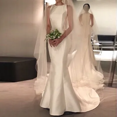 Новый дизайн 2022 свадебное платье с воротником-хомутом и шлейфом с  длинными рукавами 웨스 스 из мягкого сатина простые корейские свадебные платья  с открытой спиной | AliExpress