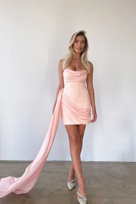 Платье мини на корсетной основе с драпировкой и шлейфом из шифона 00002160  розовый купить в интернет-магазине Post Meridiem
