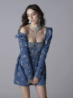 Бархатное синее платье мини длины - 1550 - JK-Fashion