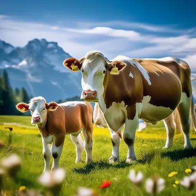 Коровы пасутся на зеленом лугу Stock Photo | Adobe Stock