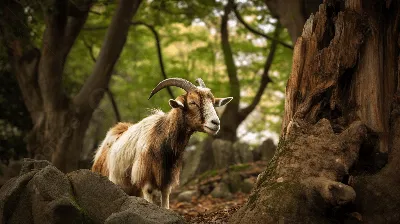 белая и коричневая коза стоит в лесу, угрюмый козел, Hd фотография фото,  козел фон картинки и Фото для бесплатной загрузки