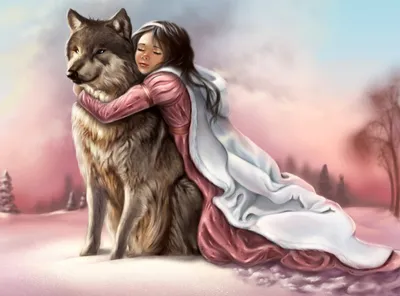 Красивое девушка и волк фото