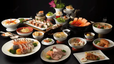 расположение различных японских блюд на столе, блюда на новый год блюда на  новый год, еда, посуда фон картинки и Фото для бесплатной загрузки