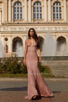 Сексуальные блестящие розовые золотистые платья-русалки с глубоким  V-образным вырезом, Длинные вечерние платья с открытой спиной для  выпускного вечера | AliExpress