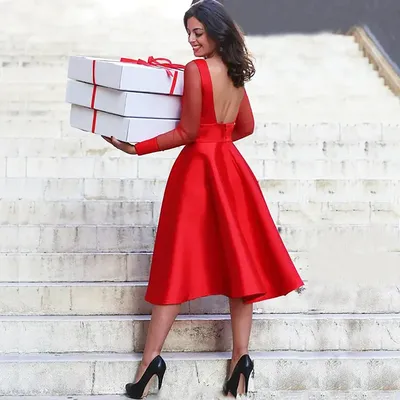 Сексуальное платье с открытой спиной по колено вечернее платье женщина  новый красный трапециевидной формы короткое вечернее платье с длинными  рукавами и овальным вырезом простые туфли на выпускной вечерние платья |  AliExpress