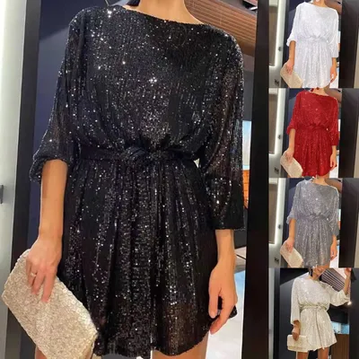 Модное блестящее платье с пайетками, весна 2023, женское свободное мини- платье с длинным рукавом для свадебной вечеринки, женские элегантные  вечерние сексуальные платья | AliExpress