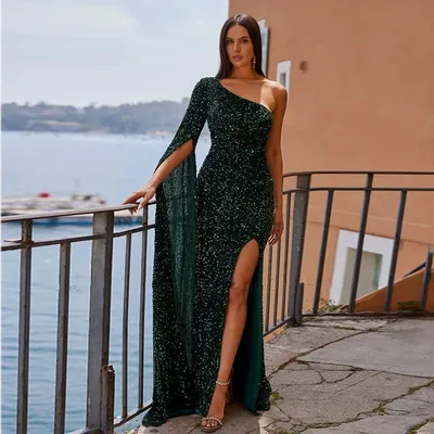 Элегантное зеленое вечернее платье с пайетками и одним рукавом-фонариком,  блестящее платье до пола с разрезом, официальное коктейльное платье для  женщин | AliExpress