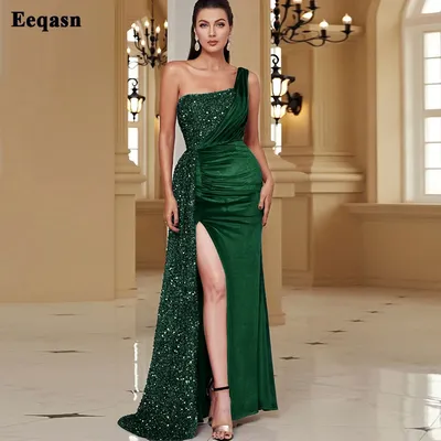 Зеленые вельветовые вечерние платья с пайетками Eeqasn, вечерние платья с  разрезом сбоку, платье на одно плечо, платье для выпускного вечера, женская  одежда | AliExpress
