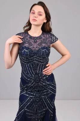 Вечернее платье-рыбка расшитое пайетками артикул 200439 цвет темно-синий👗  напрокат 3 900 ₽ ⭐ купить 50 000 ₽ в Новосибирске