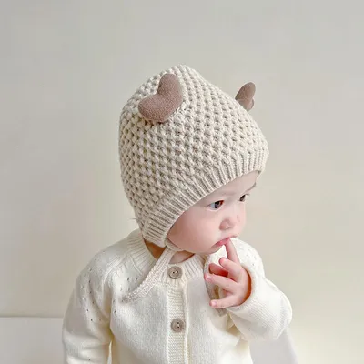 Детские шапки с защитой ушей для мальчиков и девочек, зимние плотные теплые вязаные  шапки с милыми сердечками для малышей, Детские шапочки, шапка | AliExpress